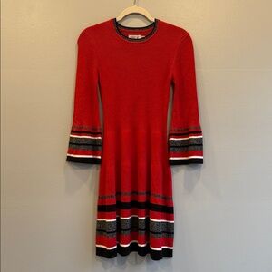 Eliza J Fit and Flare Red and Black Striped Long Sleeve Knit Sweater Dress